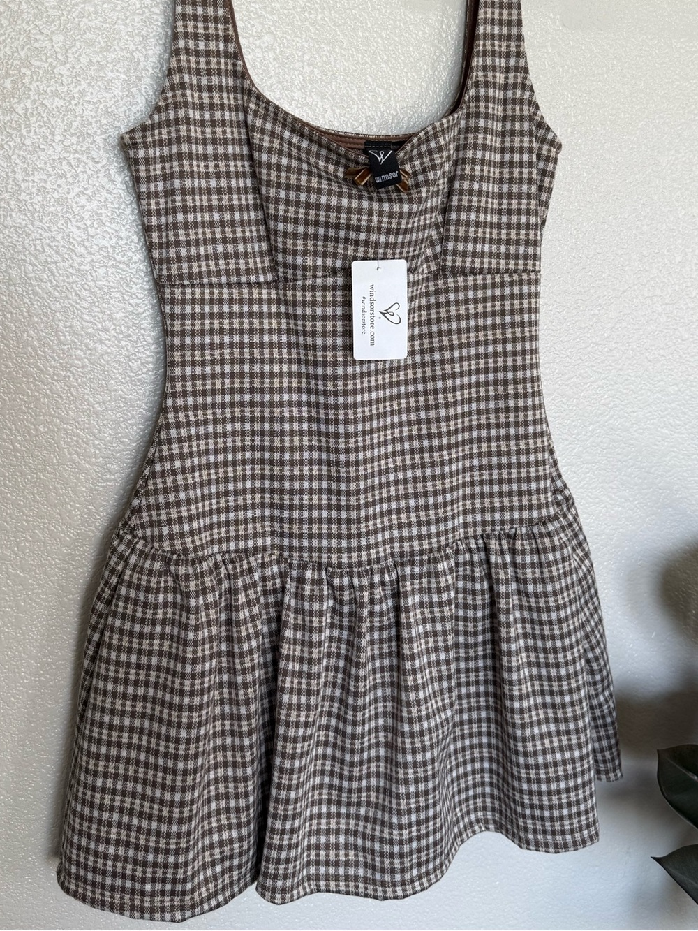 NWT Windsor Brown Gingham Scoop-Neck Mini Dress